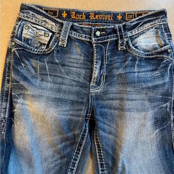 Rock Revival Blue Boot Cut Jeans with Vintage Distressing - Picture 2 of 7